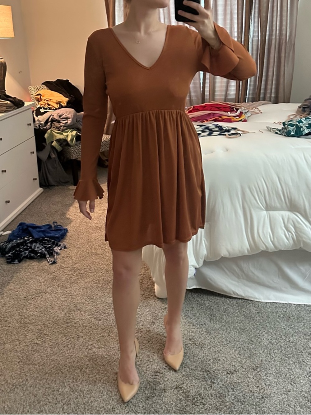 Boohoo Rust V-Neck Long Sleeve Mini Dress